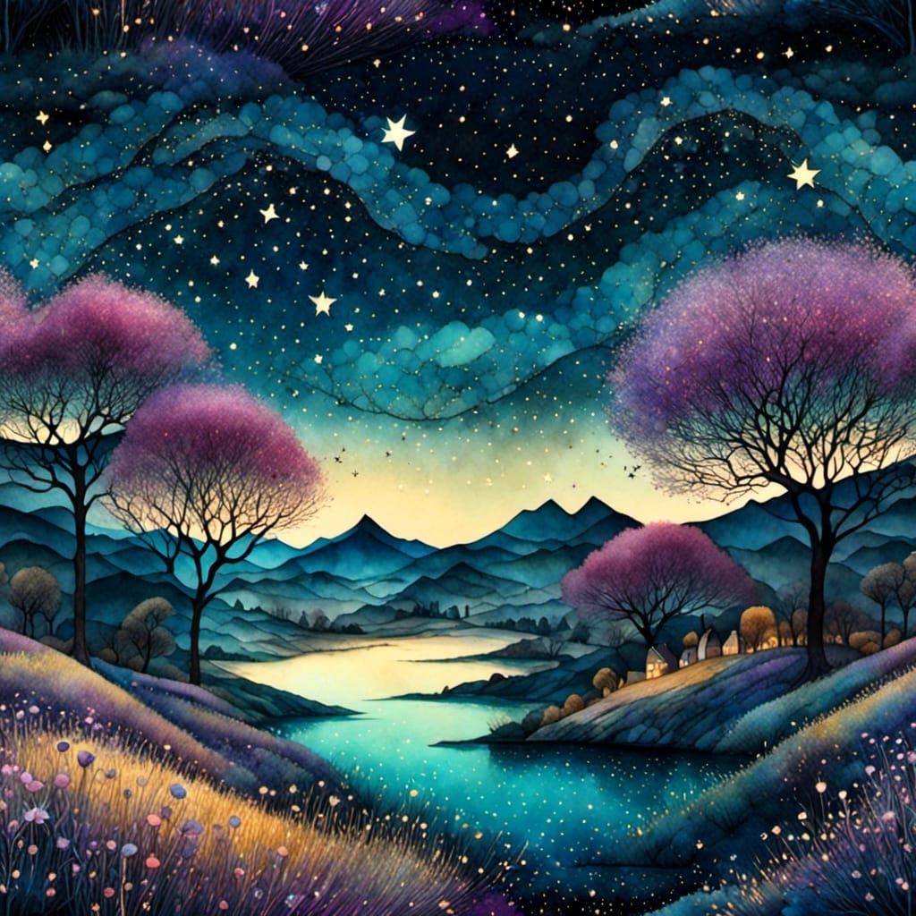Liquid Ink Watercolor Landscape with Starry Sky