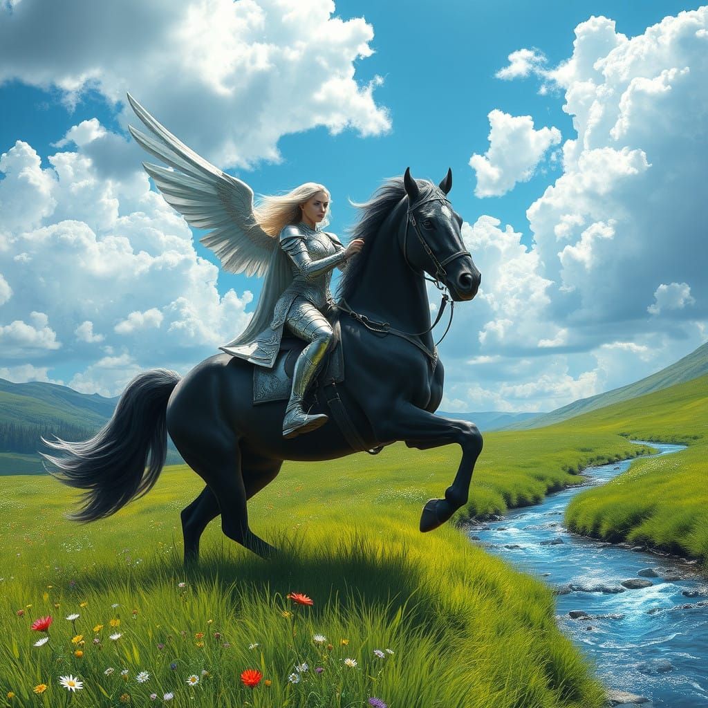 Sylvan Valkyrie Rides Majestic Black Stallion Across Emerald...