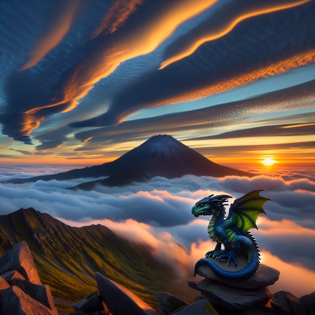 Green and Blue Dragon Gazing at Mountain Sunrise
