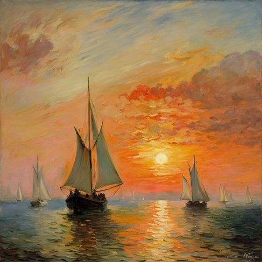 Impressionist Sunset Sailing Scene in Monet Style