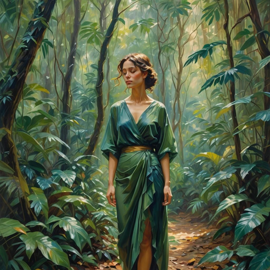 Ethereal Woman in Rainforest: Impressionist Oil Painting