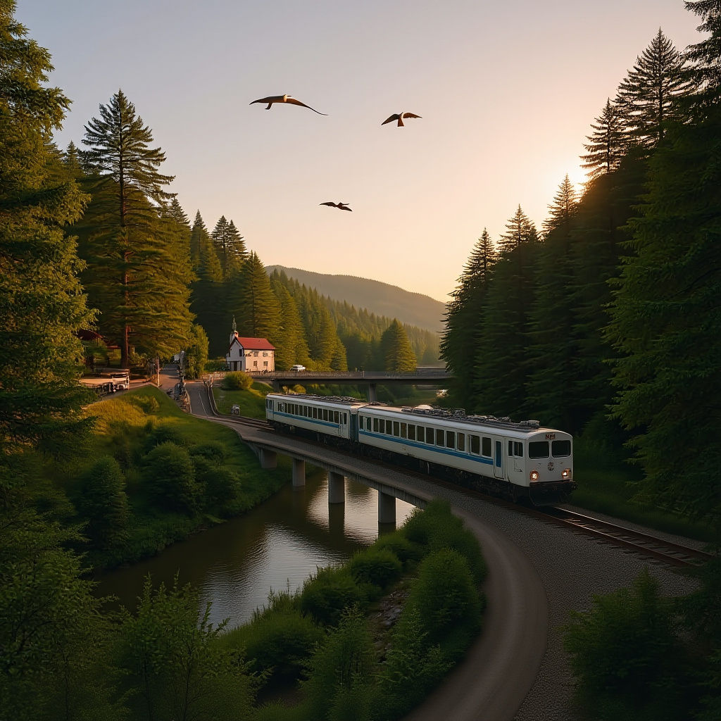 Scenic Valley View with Steam Train and Viaduct