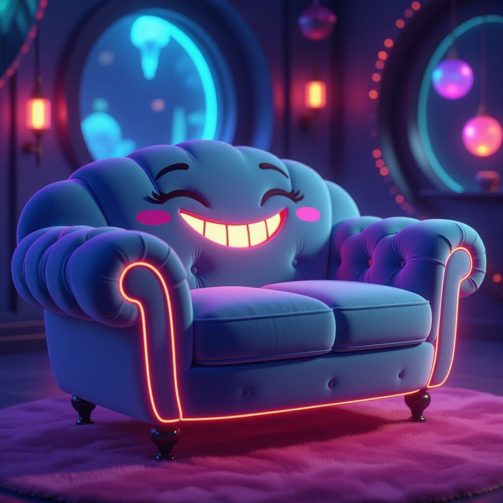 Sentient Velvet Couch in Magical Sci-Fi Lounge