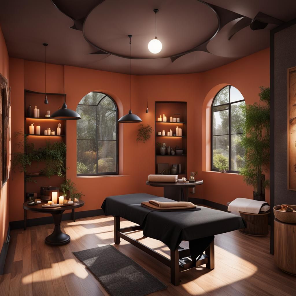 Witchy Massage Studio with Table: Photorealistic Image