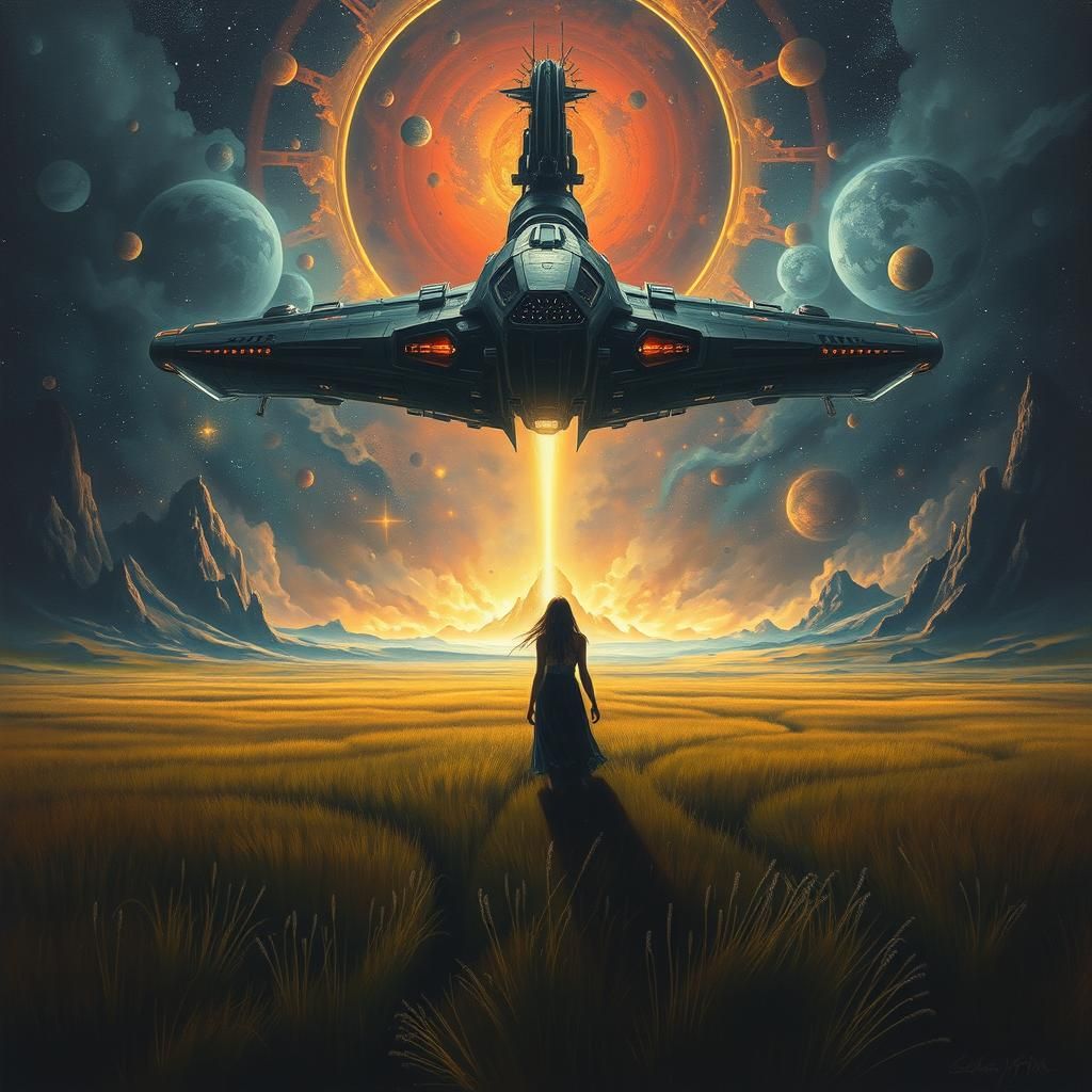 Witchcore Woman with Spaceship in Field Painting
