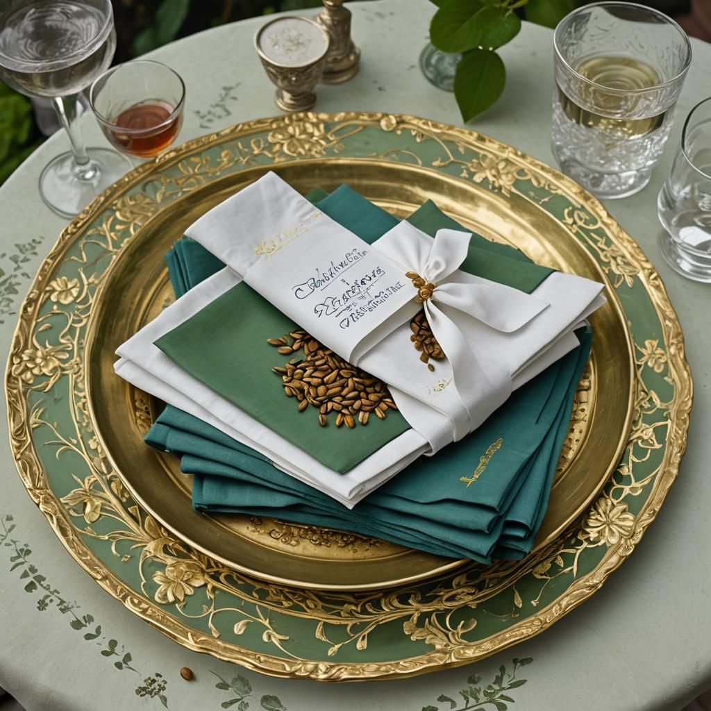 Elegant Napkins, Tea Seeds, and Golden Inscriptions