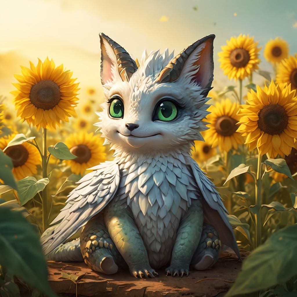 Adorable Dragon Among Sunflowers in Watercolor Style