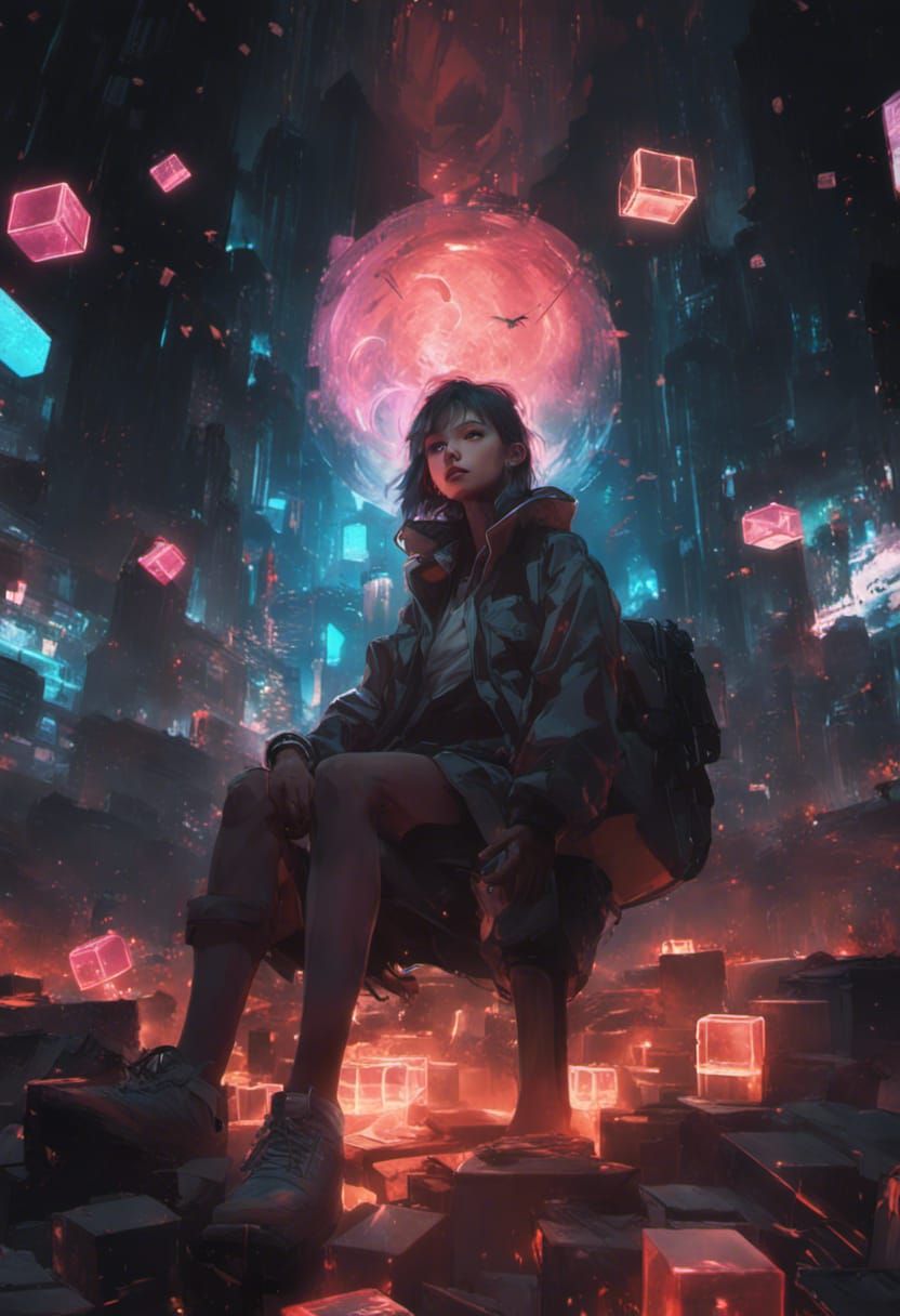Cyberpunk Anime Girl with Floating Cubes in 4K