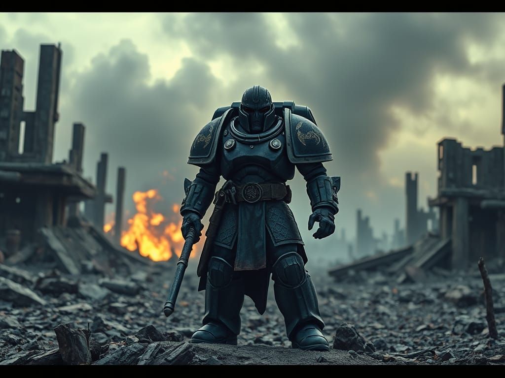 Ultramarine Warrior in Apocalyptic Battlefield, Cinematic St...