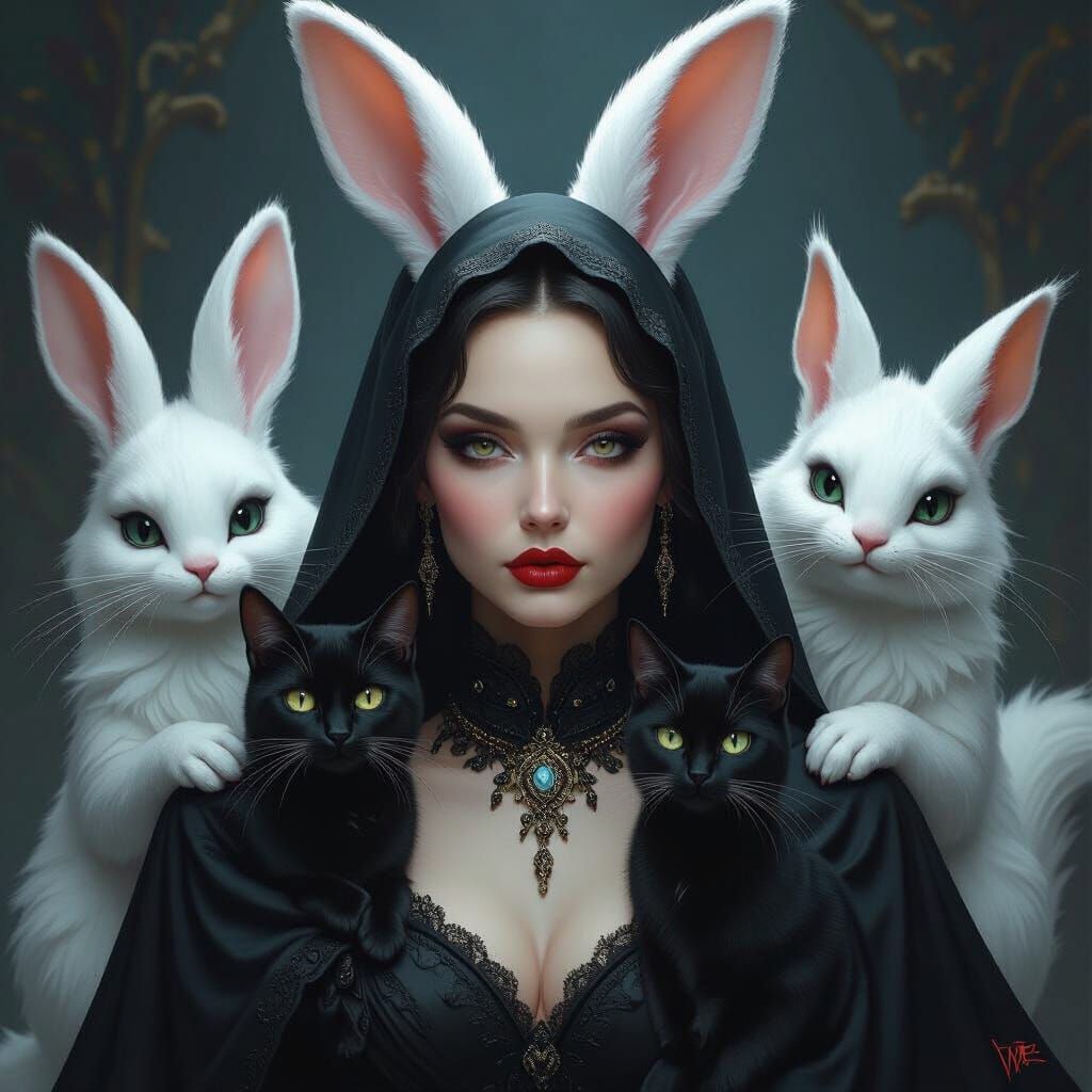 Mysterious Woman Surrounded by Eerie Creatures in Dark Fanta...