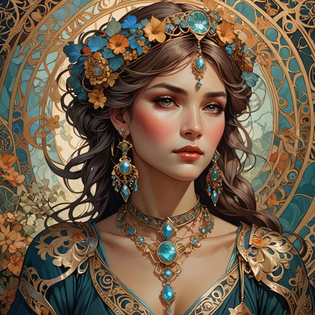 Elegant Woman with Jewelry in Art Nouveau Style