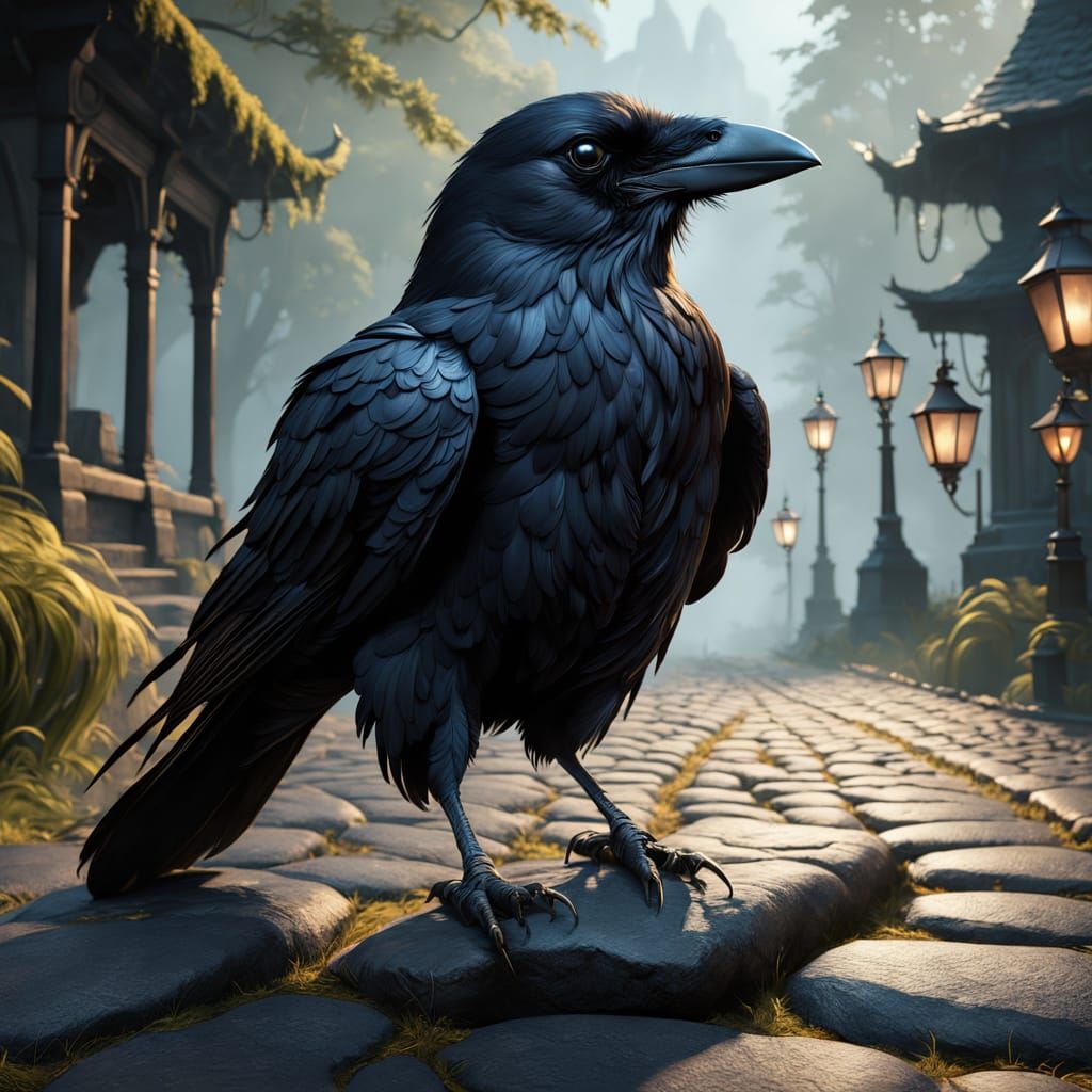 Mysterious Raven Standing on a Weathered Cobblestone Road in...