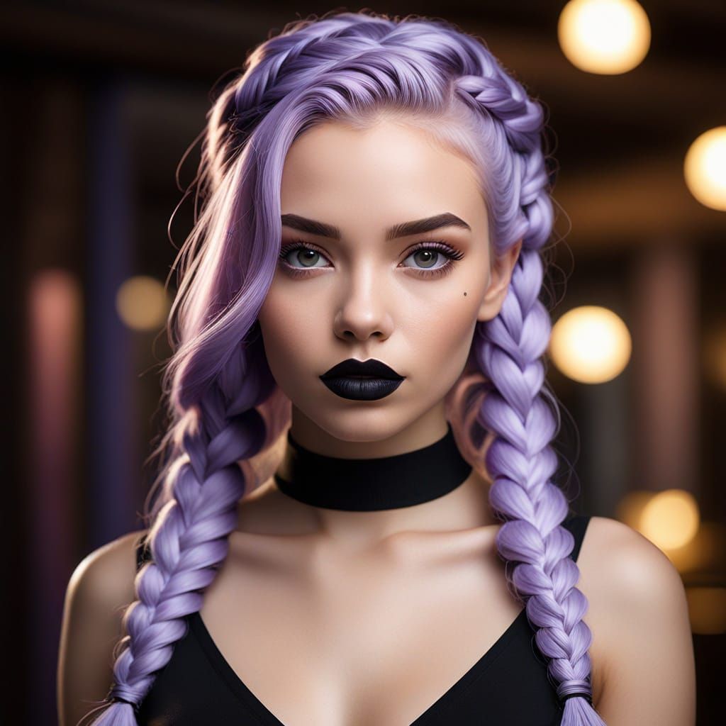 Glamorous Woman in Pastel Purple Braids with Edgy Neon Light...
