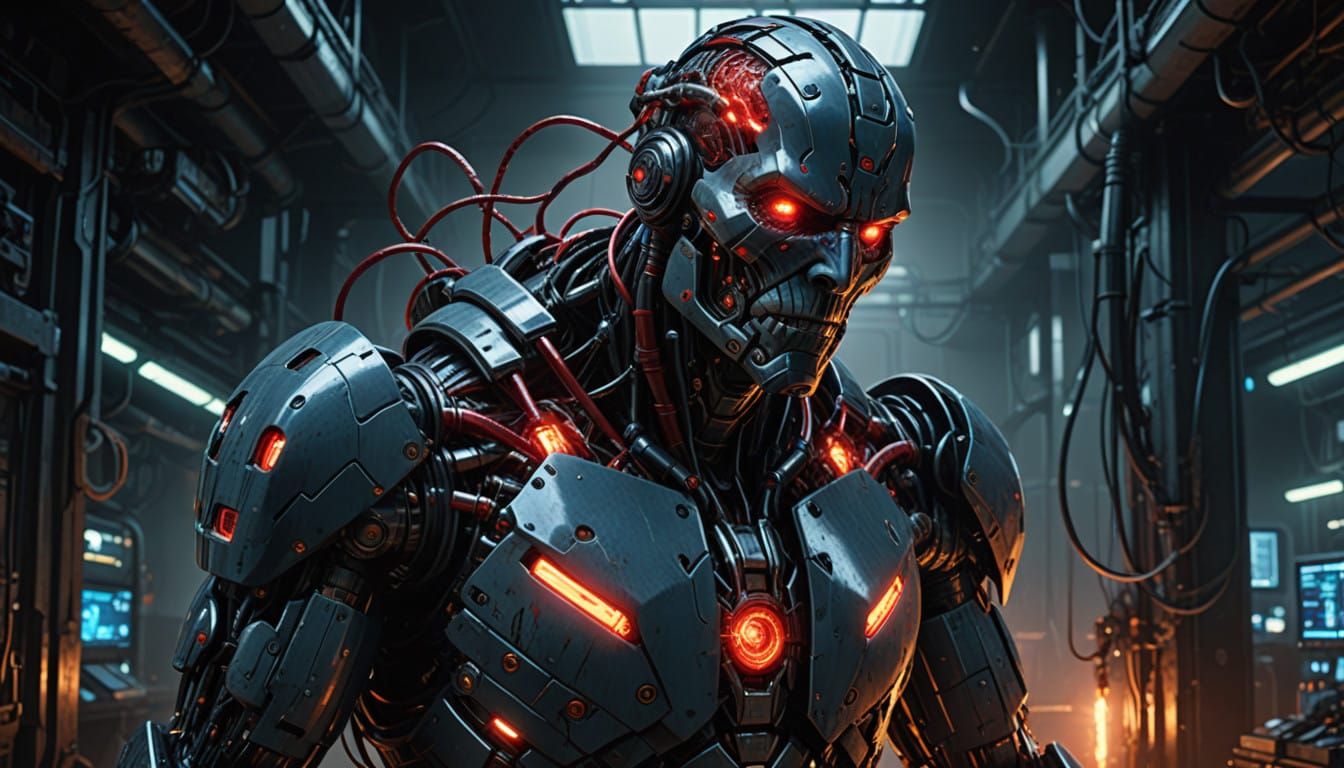 Cyborg Figure Dominates Dark, Industrial Laboratory