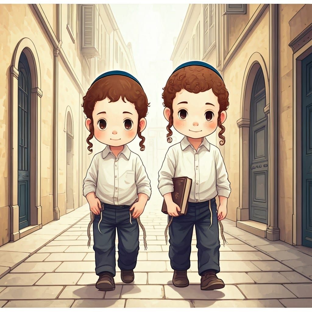 Watercolor Painting of Two Orthodox Jewish Children