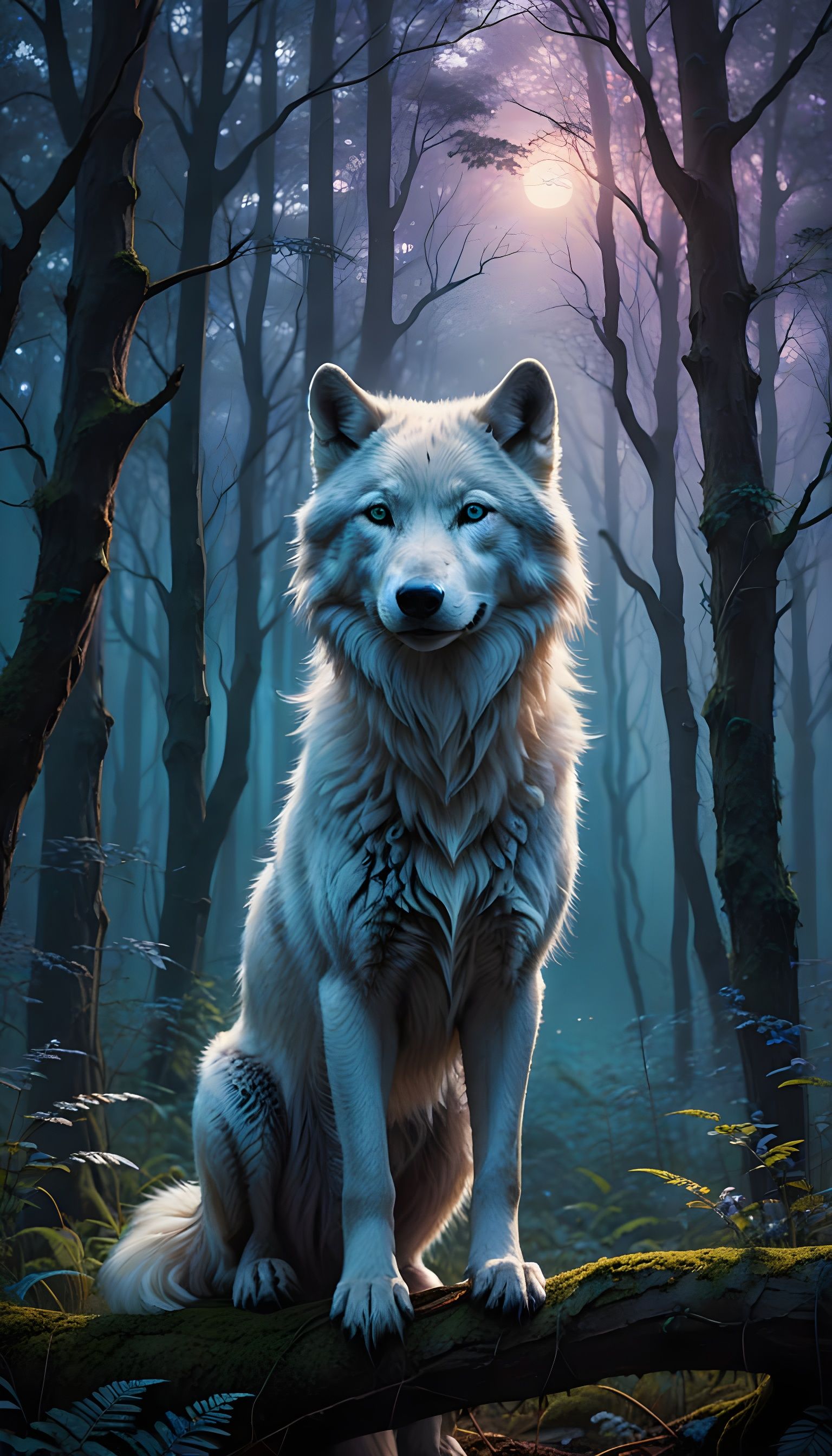 Majestic White Wolf in Ethereal Forest Landscape