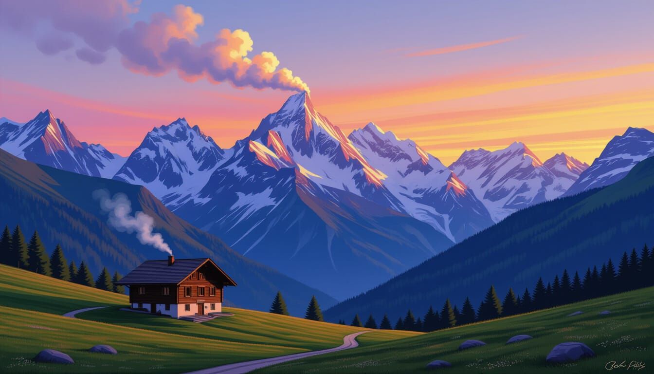 Serene Swiss Alps Chalet at Twilight