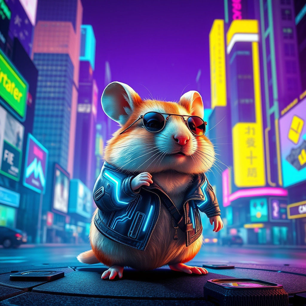 Cyberpunk Hamster Hero in Futuristic Cityscape