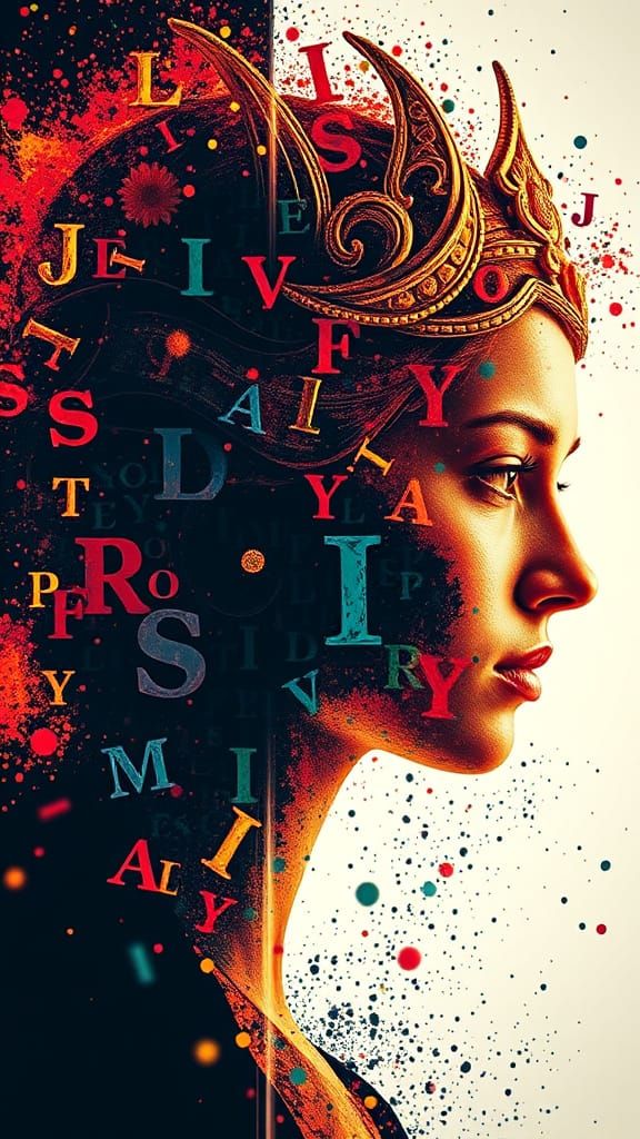 Surreal Goddess Head Emerges from Tiny Letters in Hyperreali...