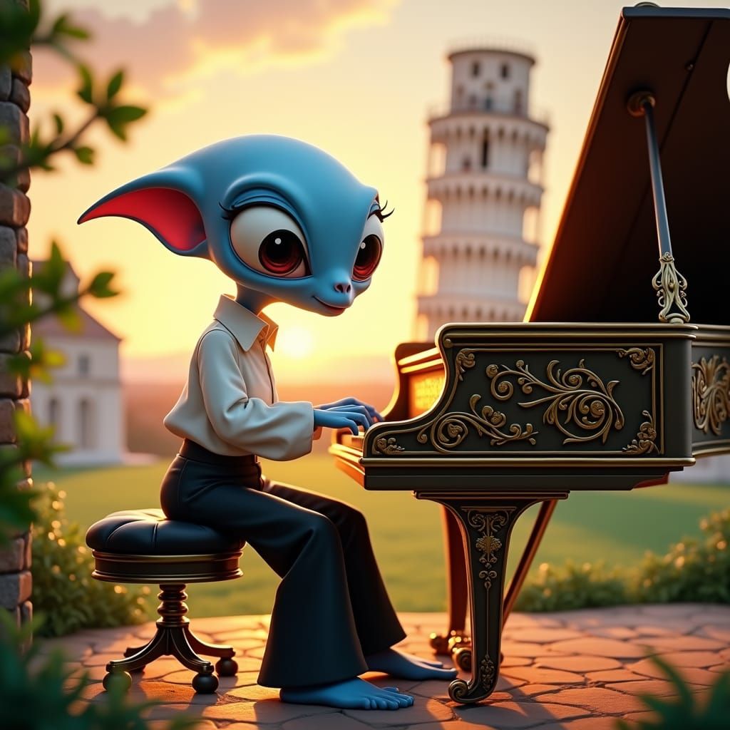 Cute blue alien playing piano in front of Pisa tower