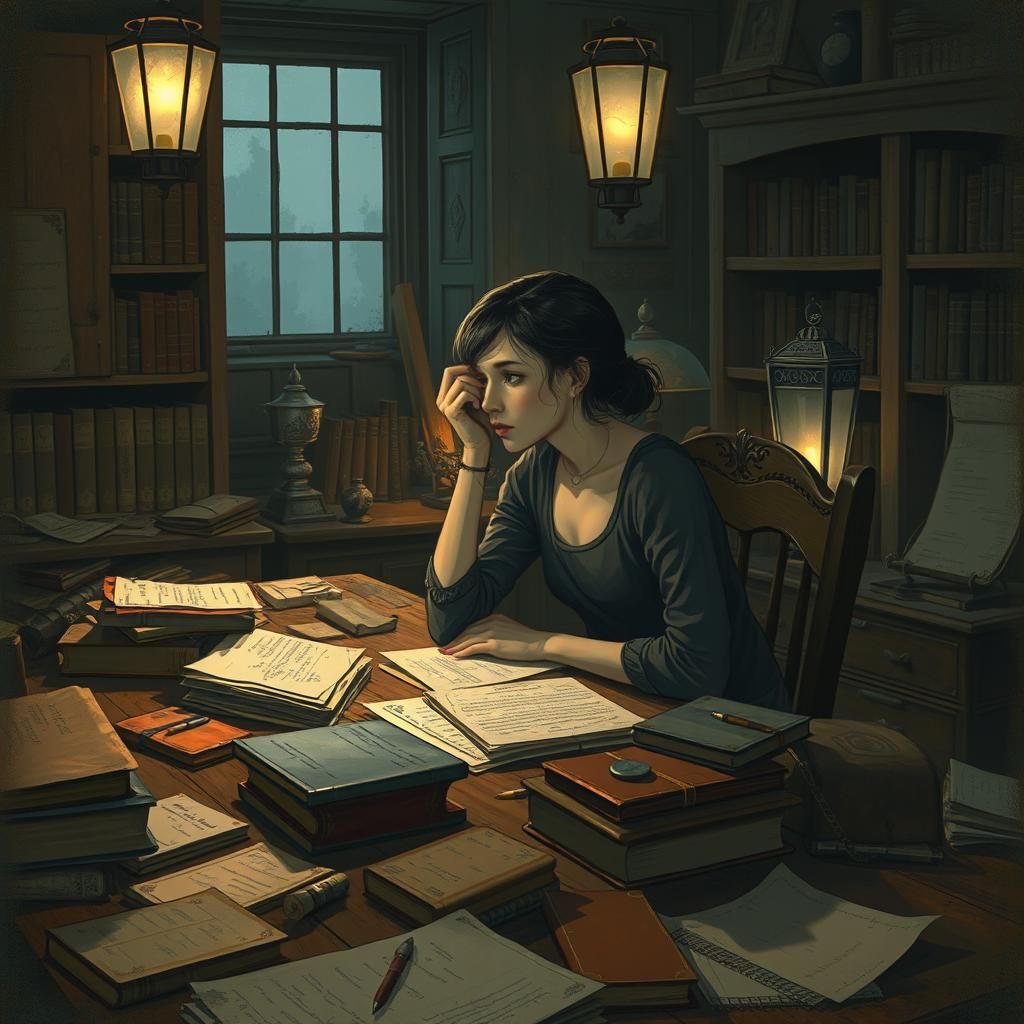 Contemplative Woman in Vintage Study, Dark Fantasy Art