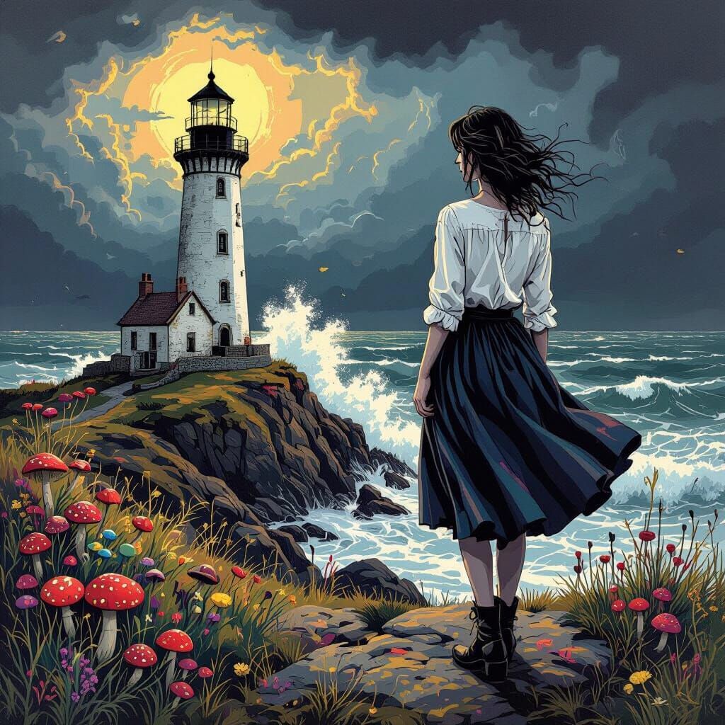 Gothgirl on Promontory Before Lighthouse, Stormy Seas