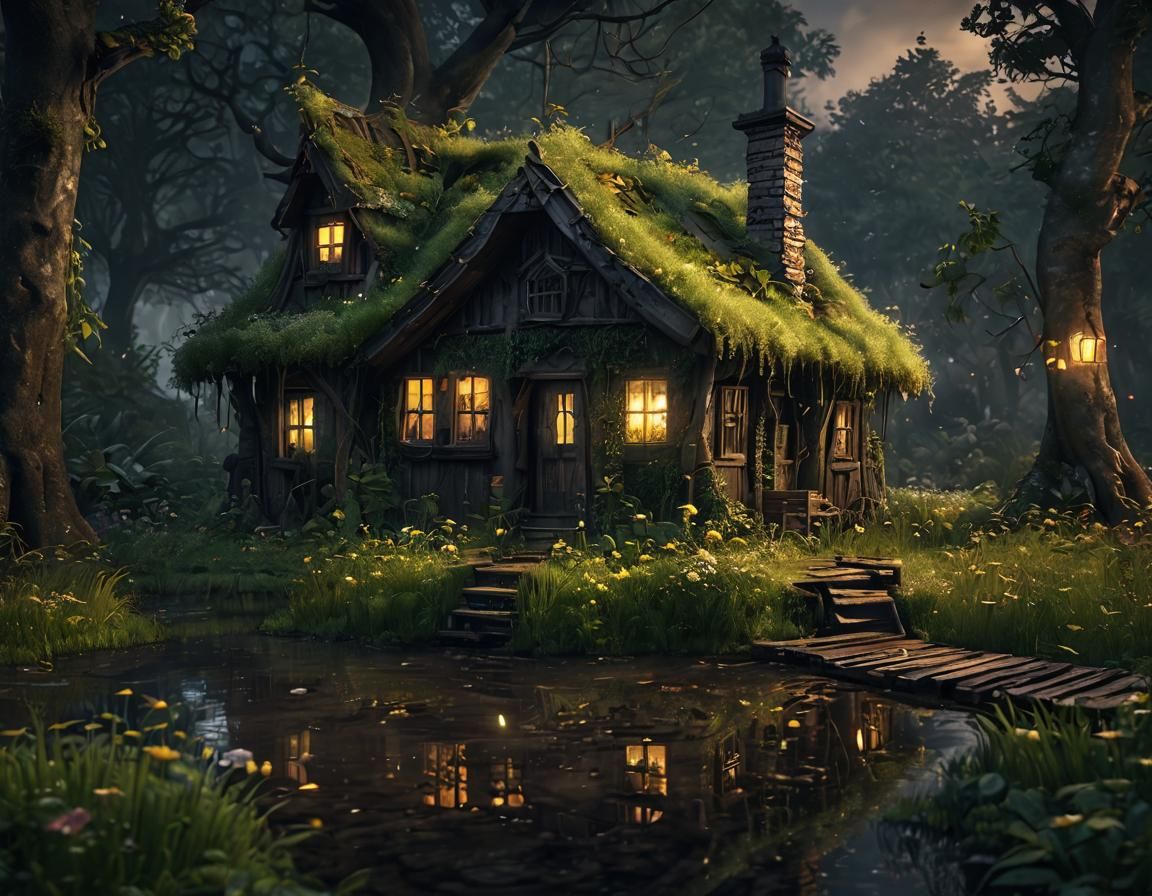 Photorealistic Wizard Hut in a Mysterious Swamp