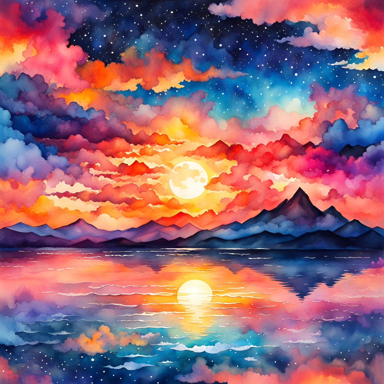 Vibrant Watercolor Sunset with Blue Moon