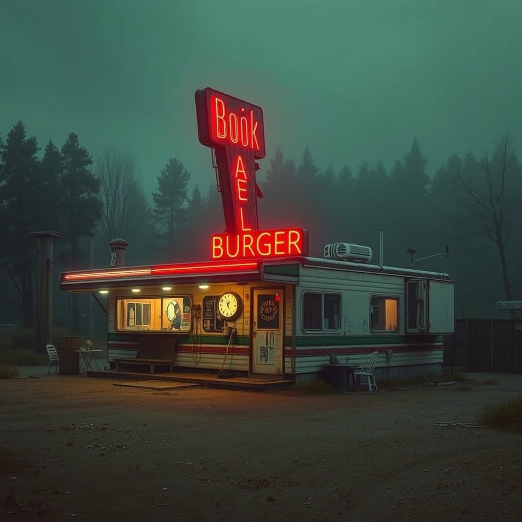 Creepy 1960s Mobile Home Burger Joint in a Haunting Forest