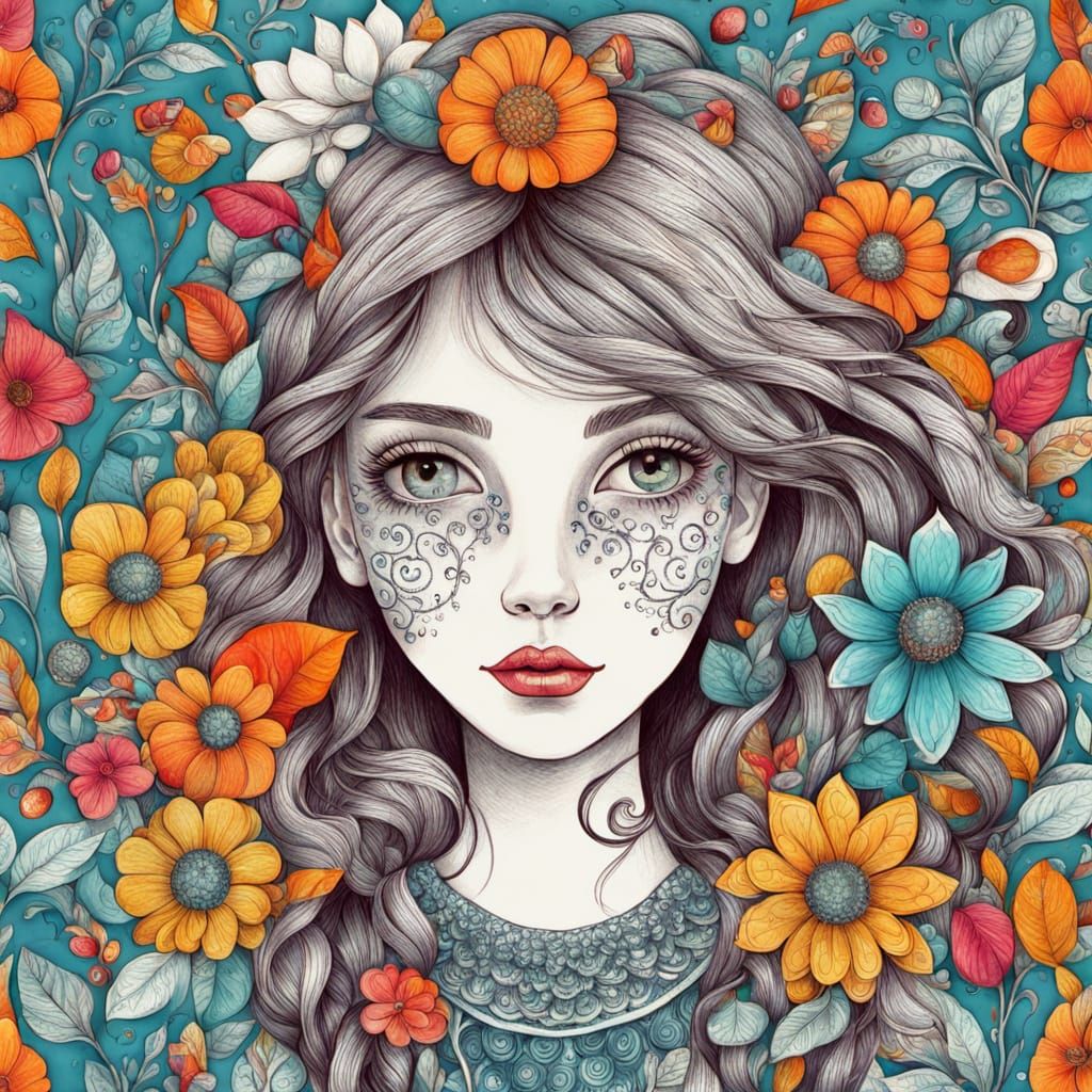 Vibrant Whimsical Portrait in Hand-Drawn Style