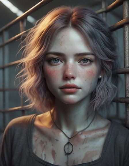 Anxious Woman in Prison: Watercolor Portrait