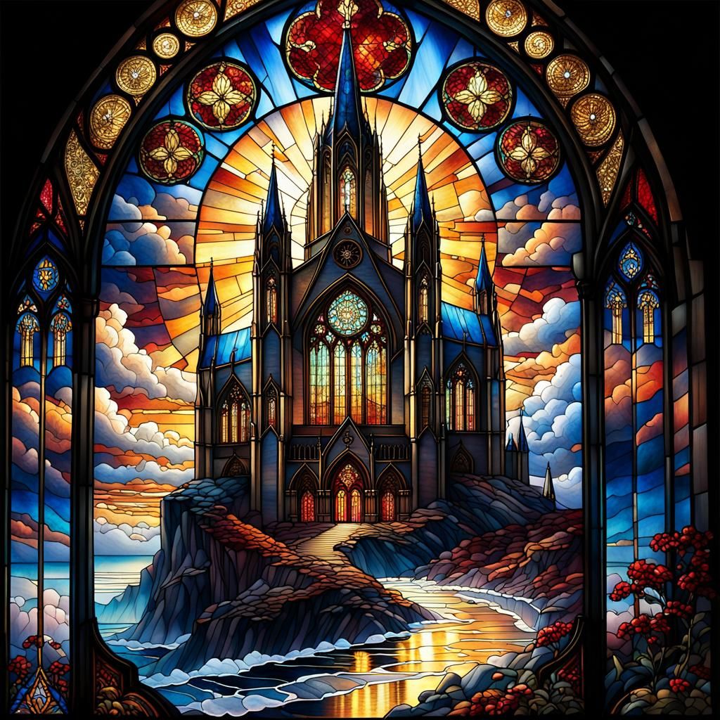 Cathedral Overlooking Sea of Clouds as Stained Glass Art