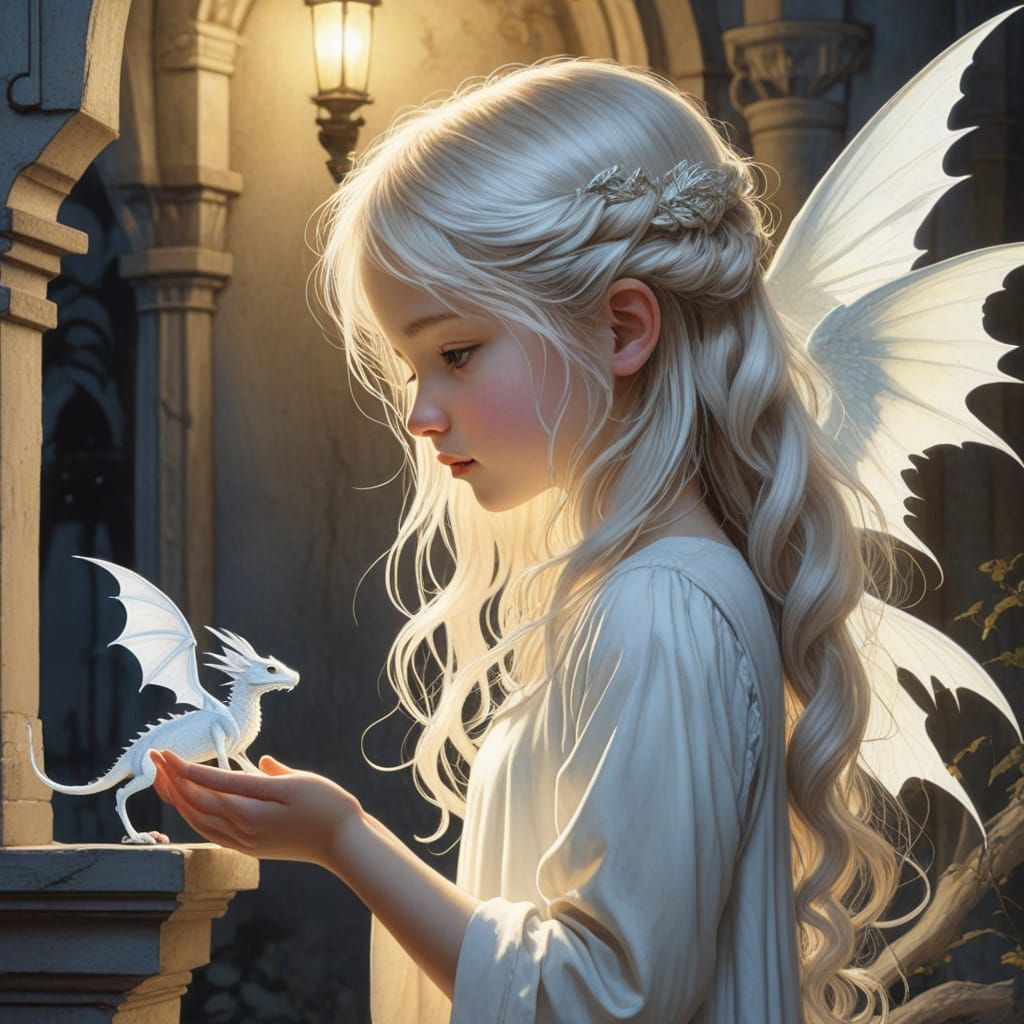 Ethereal Watercolor Girl Contemplates Mystical Dragon Compan...