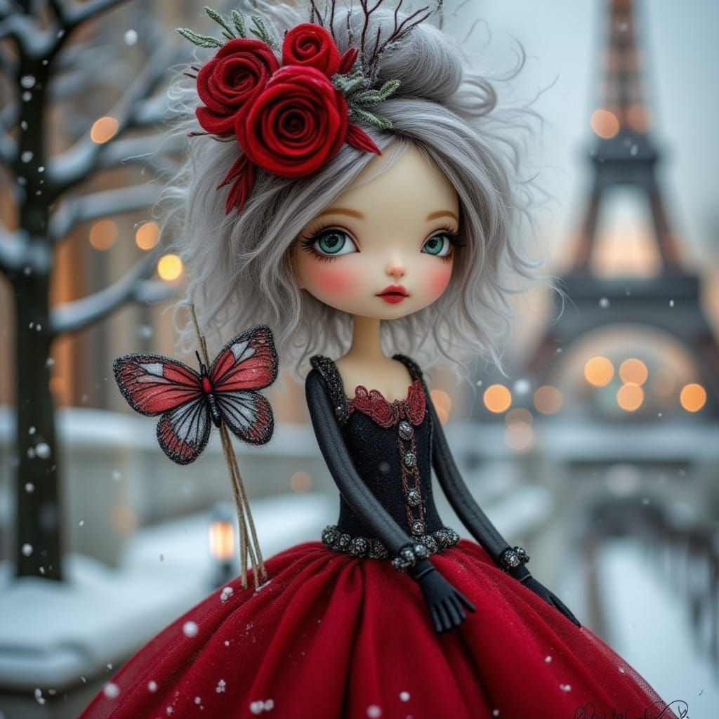 Wide-Eyed Doll in Festive Winter Gown