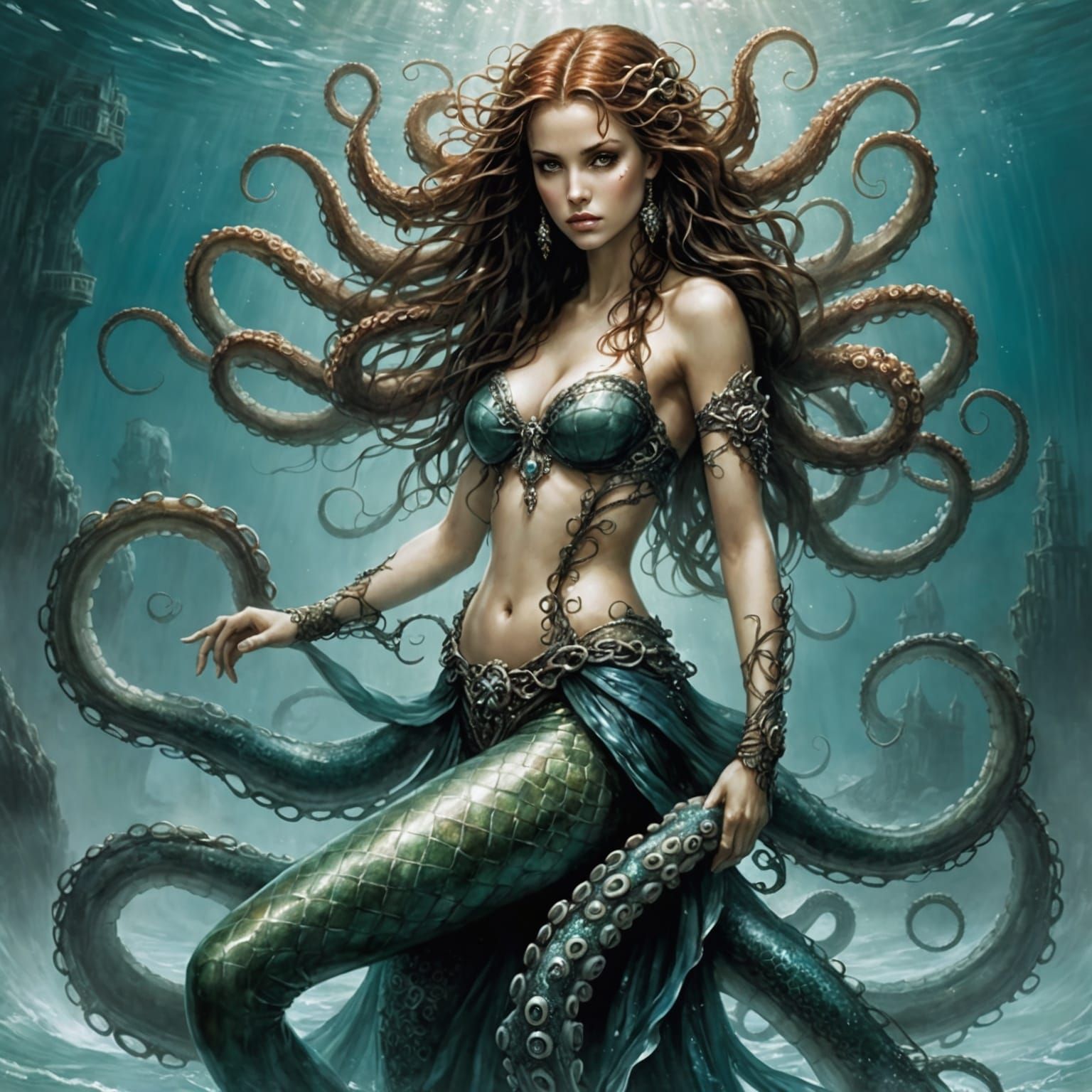Octopus Mermaid in Dark Fantasy Style