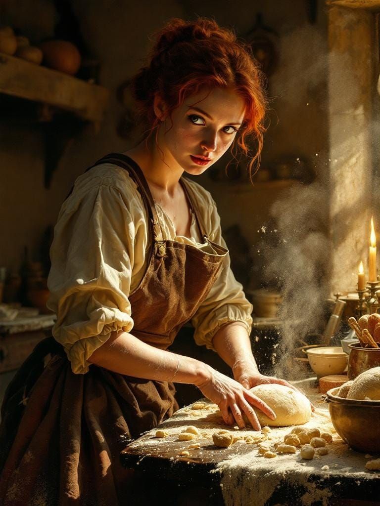 Redhead Baker in Kitchen: Magical Realism Painting