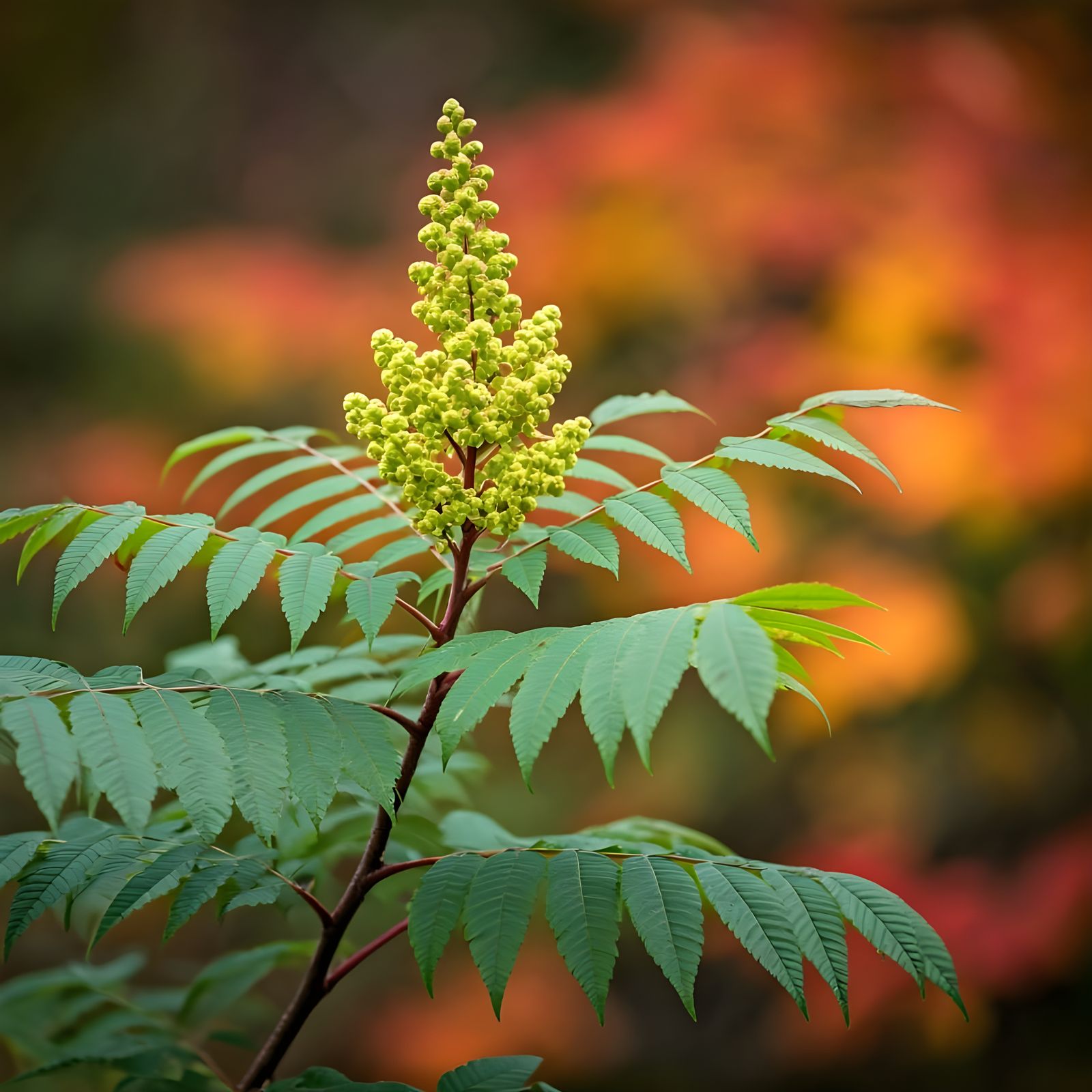 Glossy Sumac Shrub in Warm Autumn Landscape