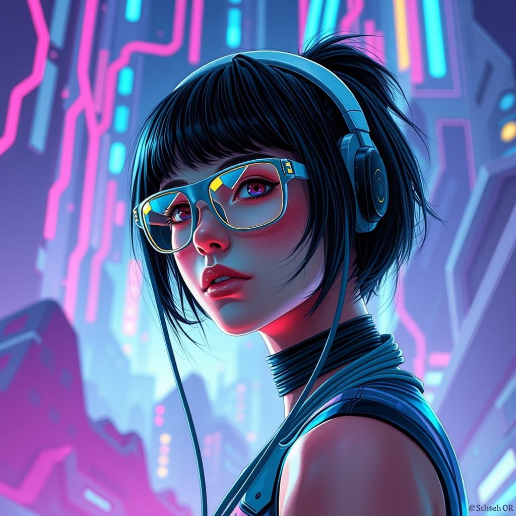 Cyberpunk Girl in Futuristic Digital Landscape