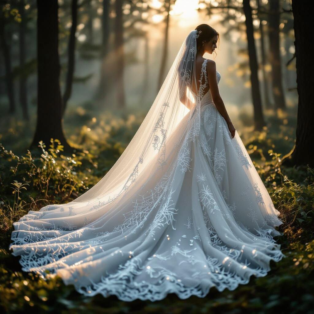 Ethereal Bridal Gown with Spiderweb Train in Misty Forest