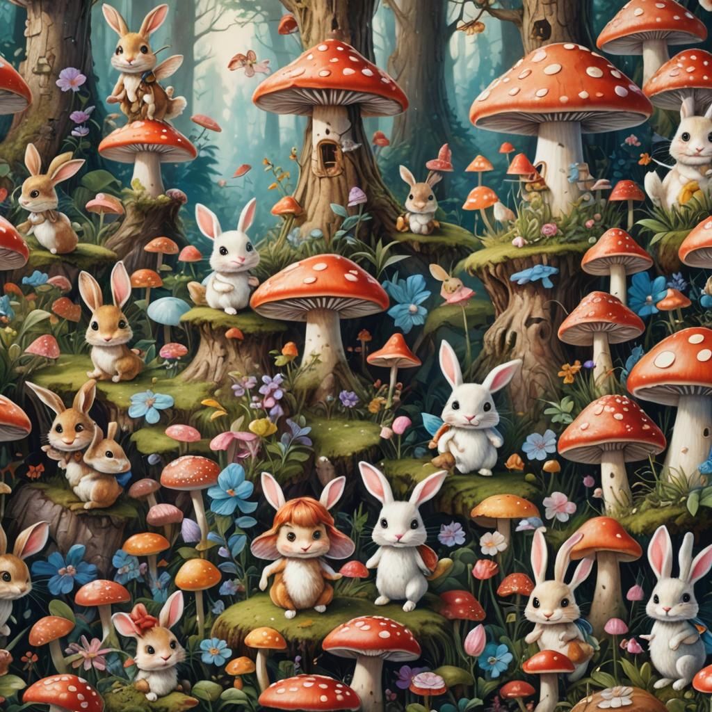 Fairies and Bunnies in Surreal Toadstool Forest
