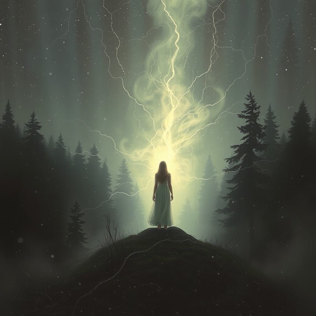 Mystical Woman Amidst Hailstorm in Ethereal Glow