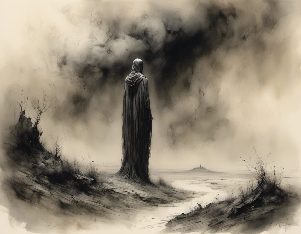 Desolate Landscape: Moody Charcoal Sketch in Synthwave Color...