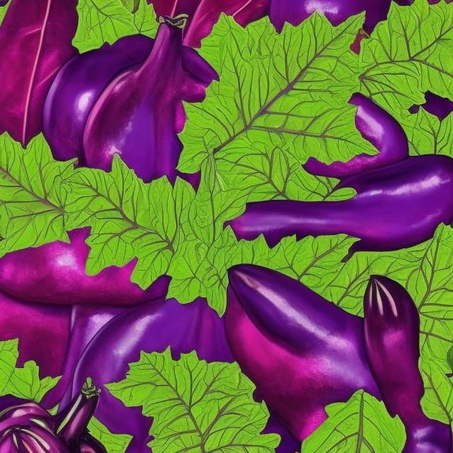 Deep rich purple glossy eggplant Kelly green leaves garden row warm colors green and magenta maximalism maximalist hyper...
