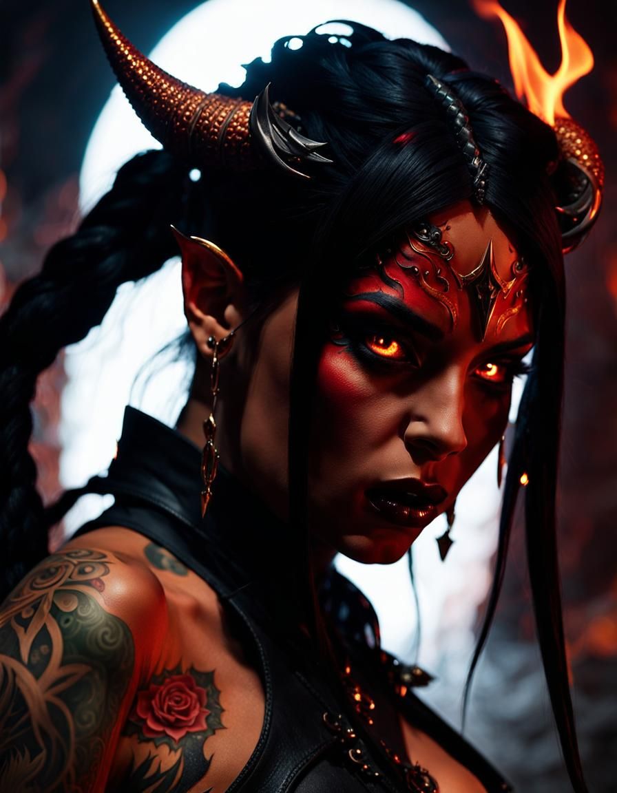 Fiery Demon Woman in Hellscape