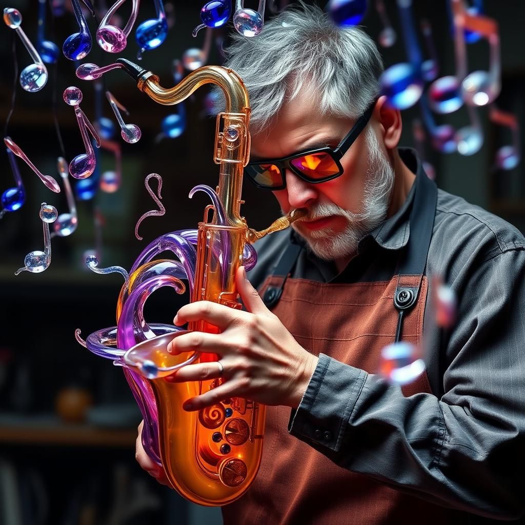 A glass blower artisan, wearing heat-resistant goggles and a...