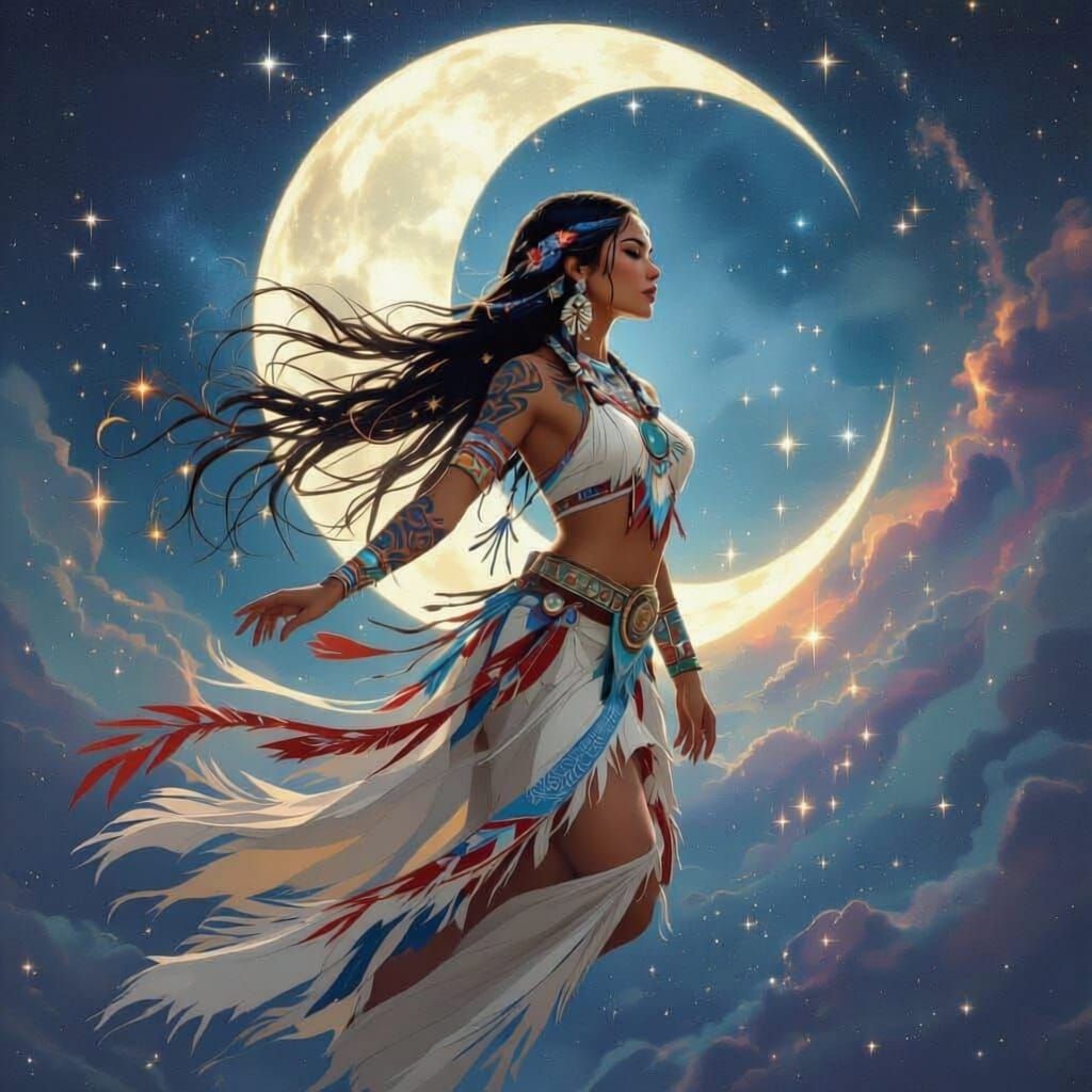Native American Woman Soaring Through a Starry Cosmos