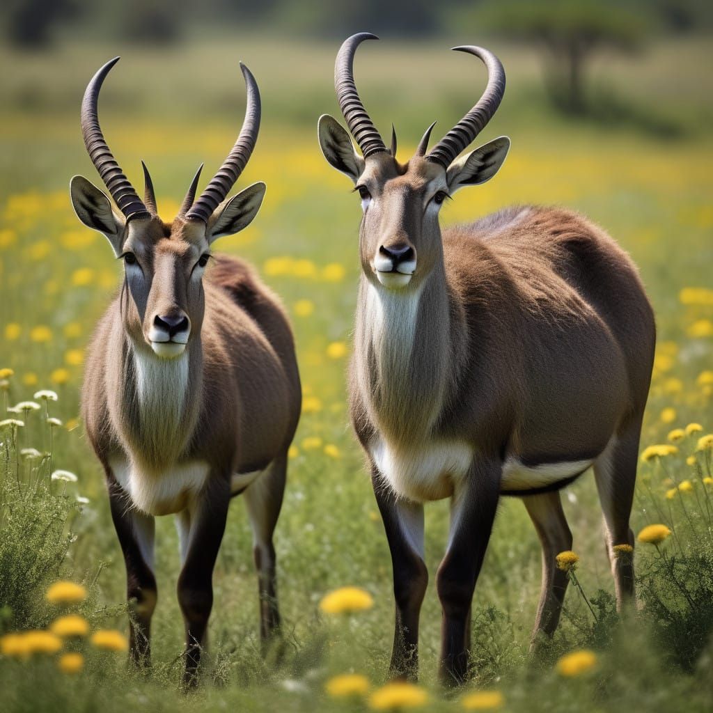 Majestic Waterbucks in Lush Savannah Landscape