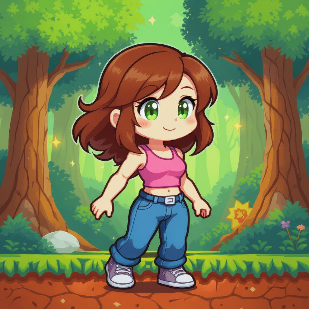 Cute Chibi Pixel Art Character in Fantasy Forest