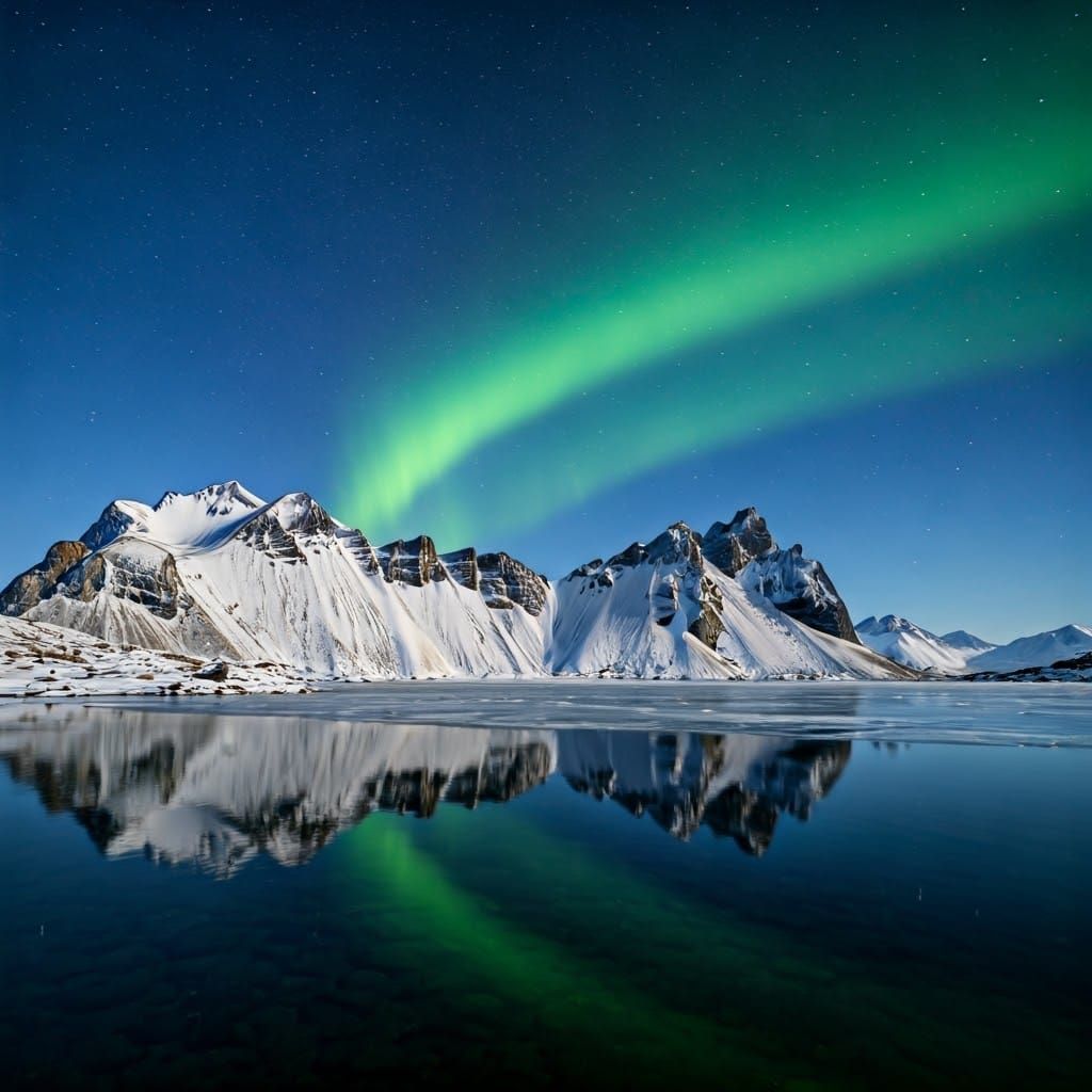 Aurora Borealis Reflected on Snowy Peaks