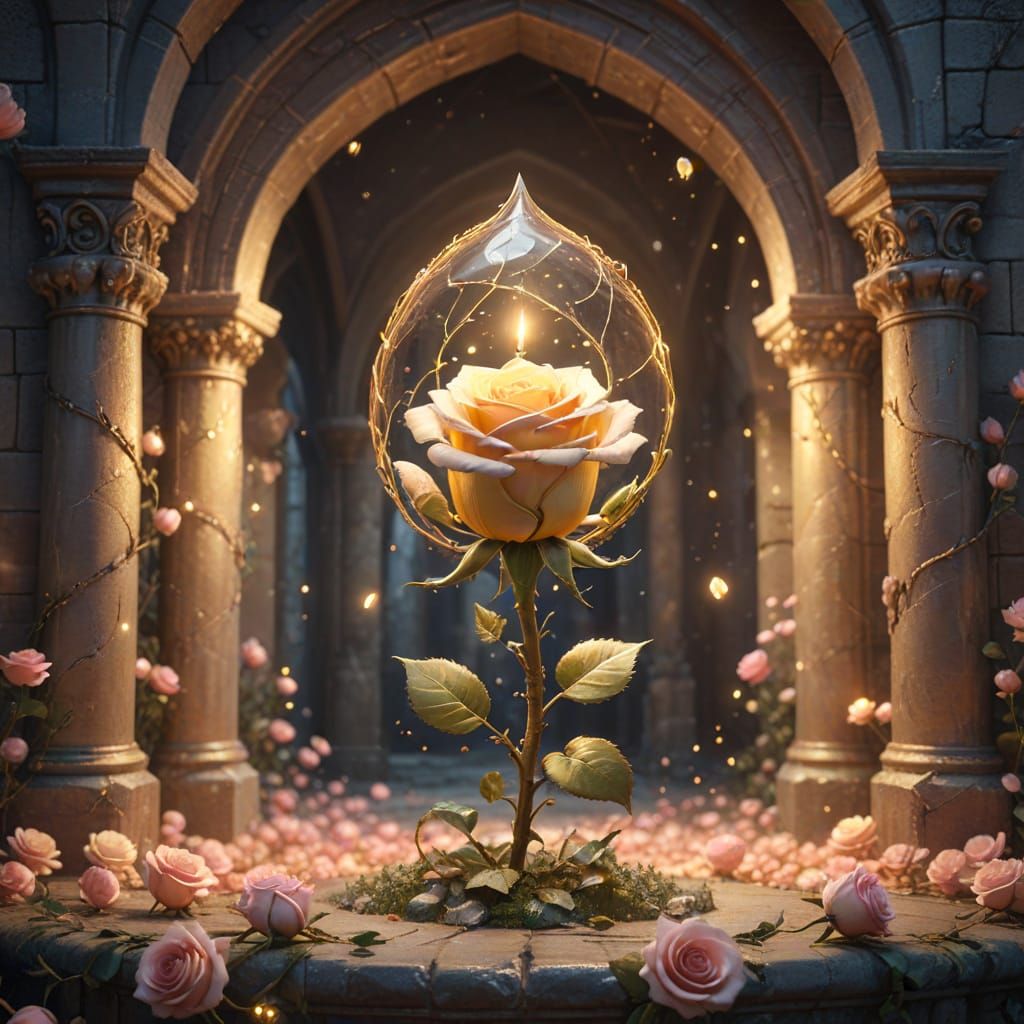 Enchanted Rose in Castle Tower: Whimsical Illustration